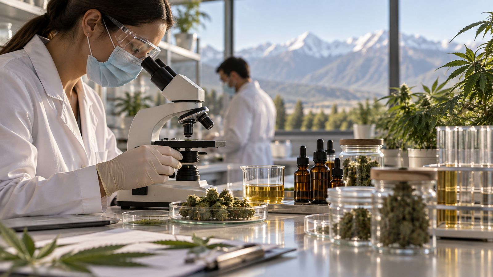 Laboratorio de cannabis medicinal con la cordillera de fondo
